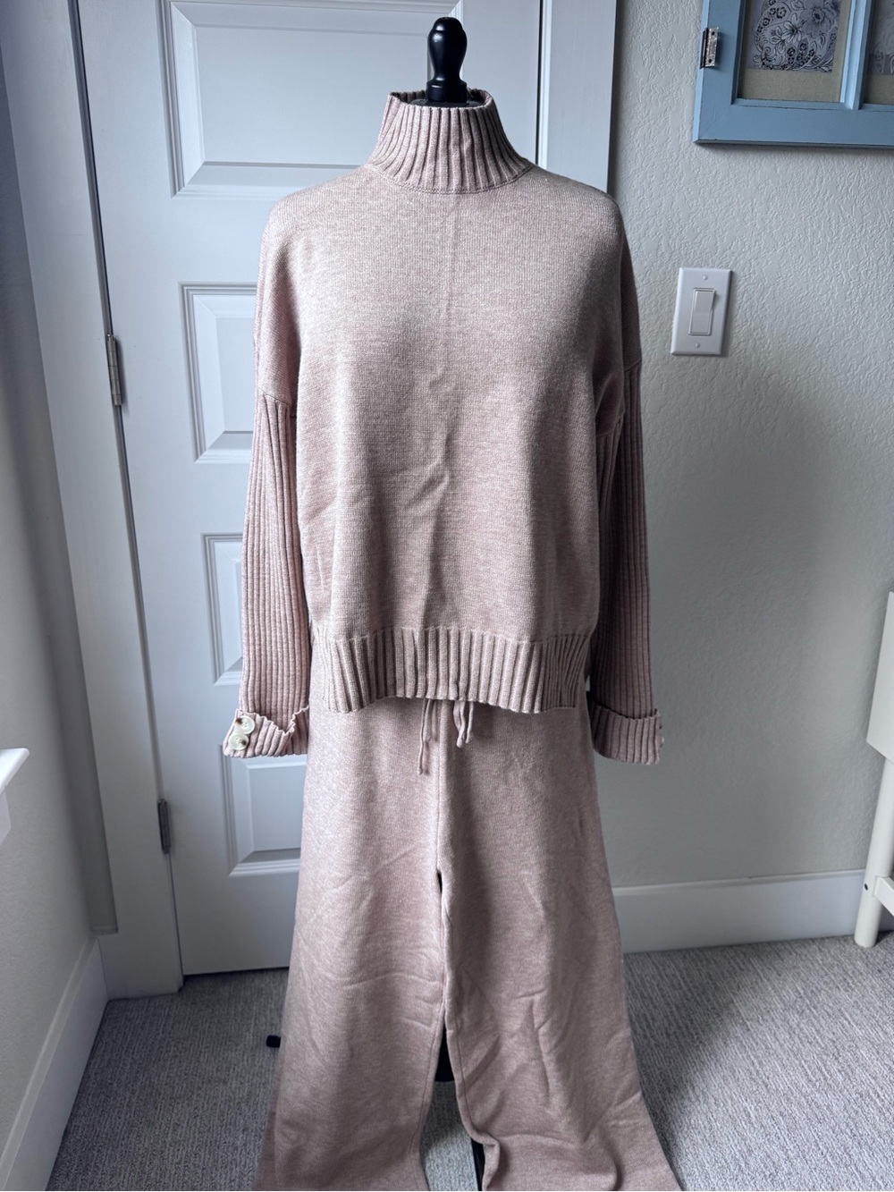 Set of Cozy Wide-Leg Knit Drawstring Pants and mock neck sweater in taupe